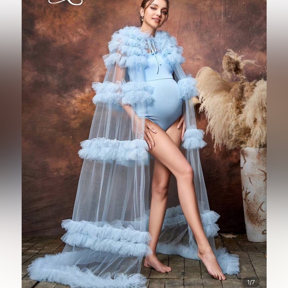 SHEIN Light Blue Maternity Gown with Ruffle Details